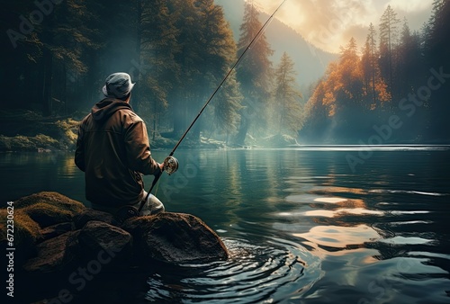 fisherman spins fish, on the background of the mountain river and nature