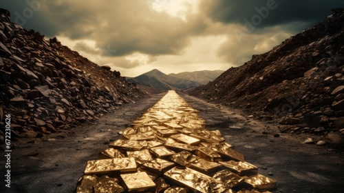 Luxury and conspicuous consumption concept with Road made of gold bars. Excessive spending and conspicuous consumption, contrast between extravagant lifestyles and economic disparities in society.