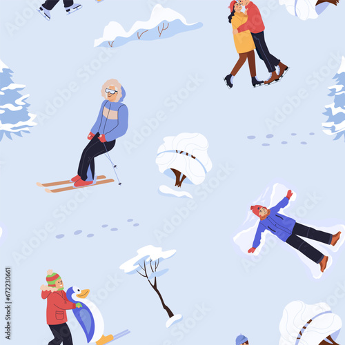 Winter holiday activities seamless pattern. Design of repeatable background with people walking outdoor, december holidays and winters snow fun. Xmas winter sport gift wrapping vector illustration