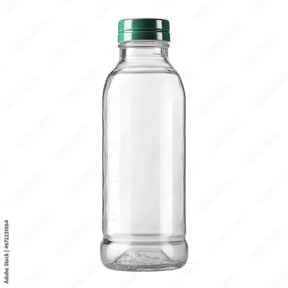 Clear empty glass bottle with green plastic screw cap on transparent background . cut-out ,PNG .Liquid product packaging mock-up Clear empty glass bottle with green plastic screw cap on transparent background . cut-out ,PNG .Liquid product packaging mock-up