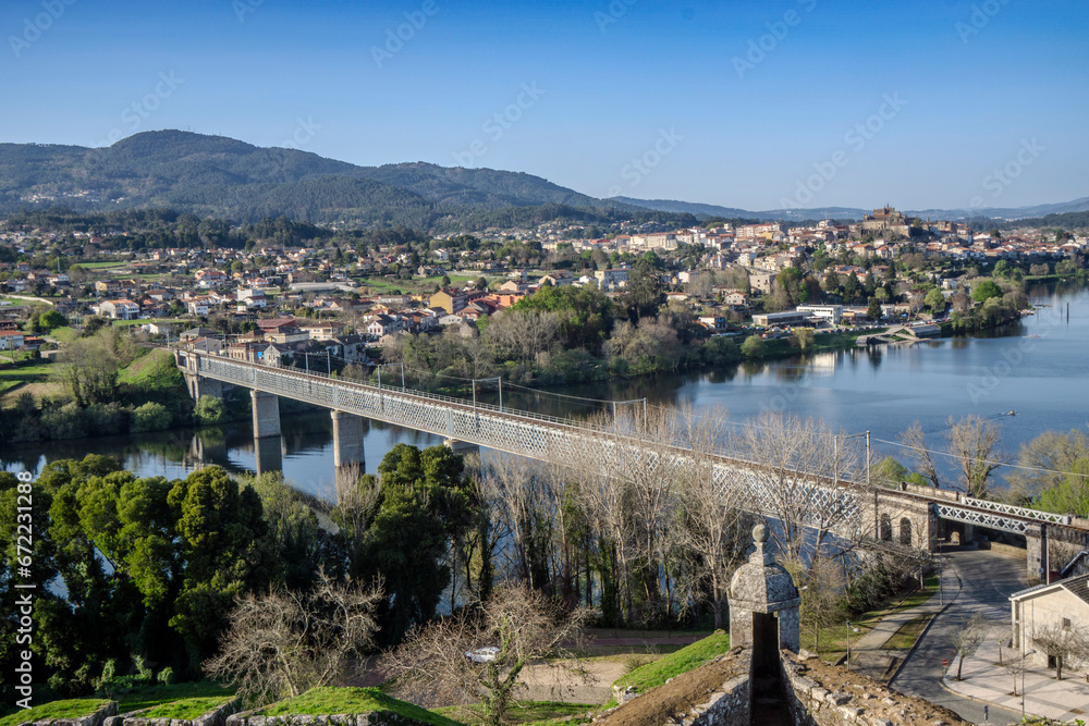 View of the International Bridge over the Minho River that connects Tui with Valença do Minho. The view is from the Valença fortress and Tui can be seen in the background.