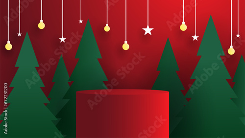Happy New Year and Merry Christmas background. abstract minimal mock up scene. geometry podium shape for show cosmetic product display. winter christmas red background. .Winter mountain Christmas