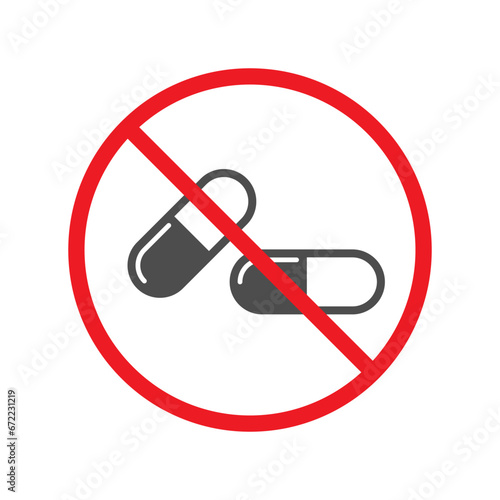 No pills icon, no medicine, no antibiotics, pill forbidden red circle, vector illustration.