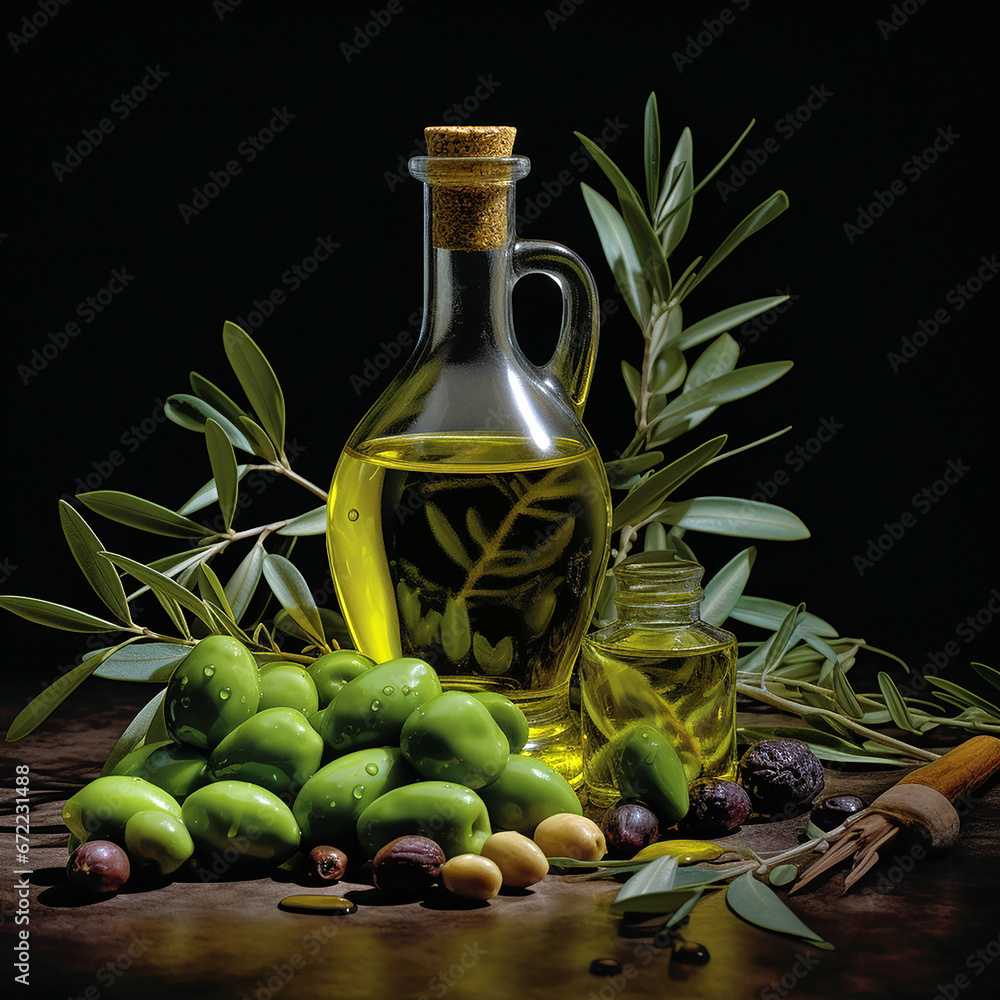 bottle of oil and olives with leaves concept bottle of oil and olives with leaves concept