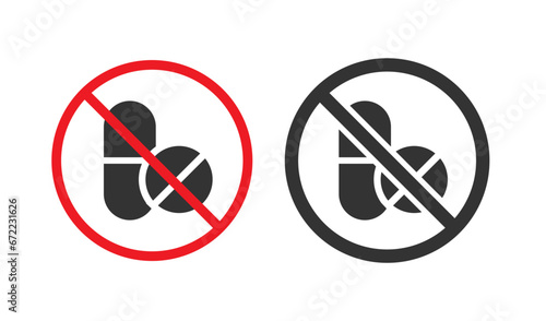 No pills sign in pro red prohibited circle. Drug dosage, vitamin symbol, flat vector illustration.