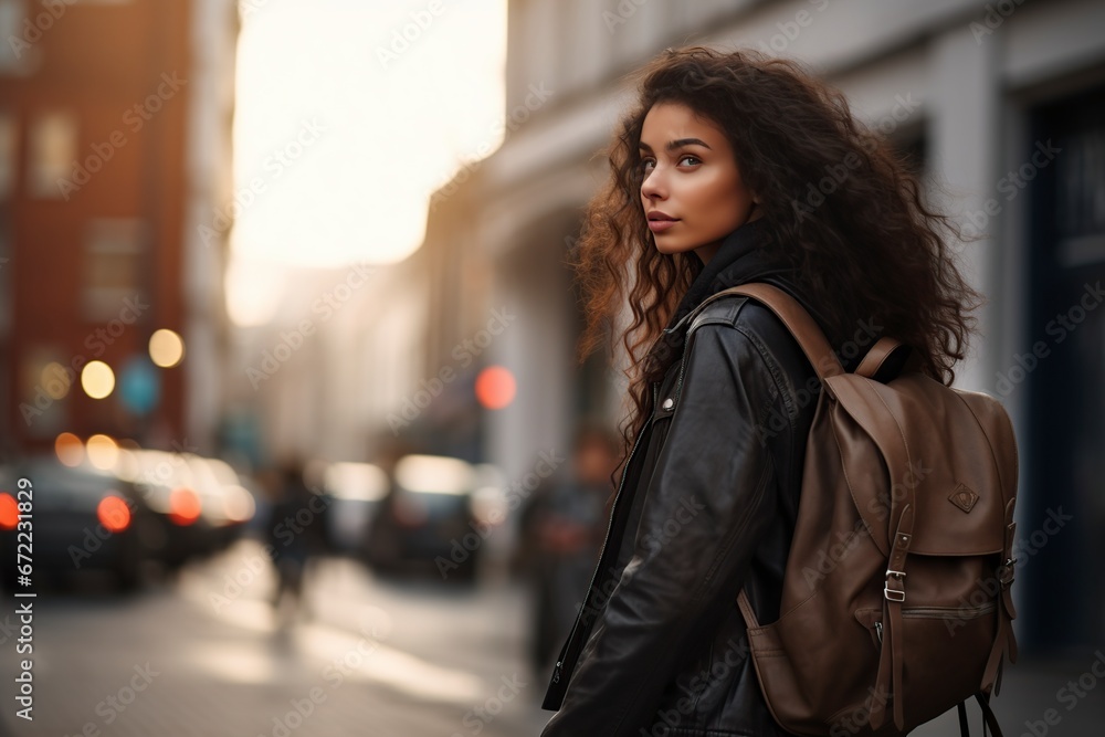 mixed race woman with a backpack walking down the street mixed race woman with a backpack walking down the street