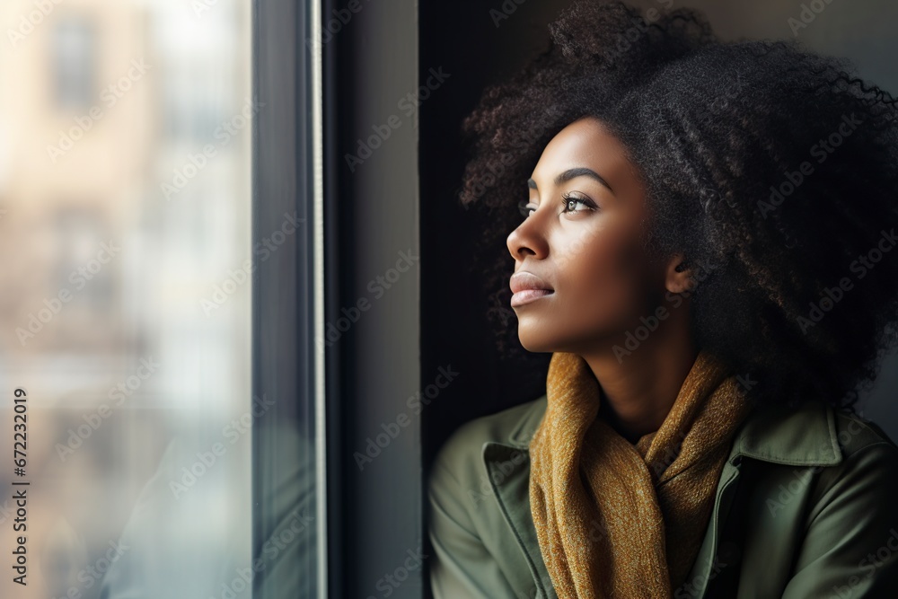 african woman standing at the window thinking very seriously