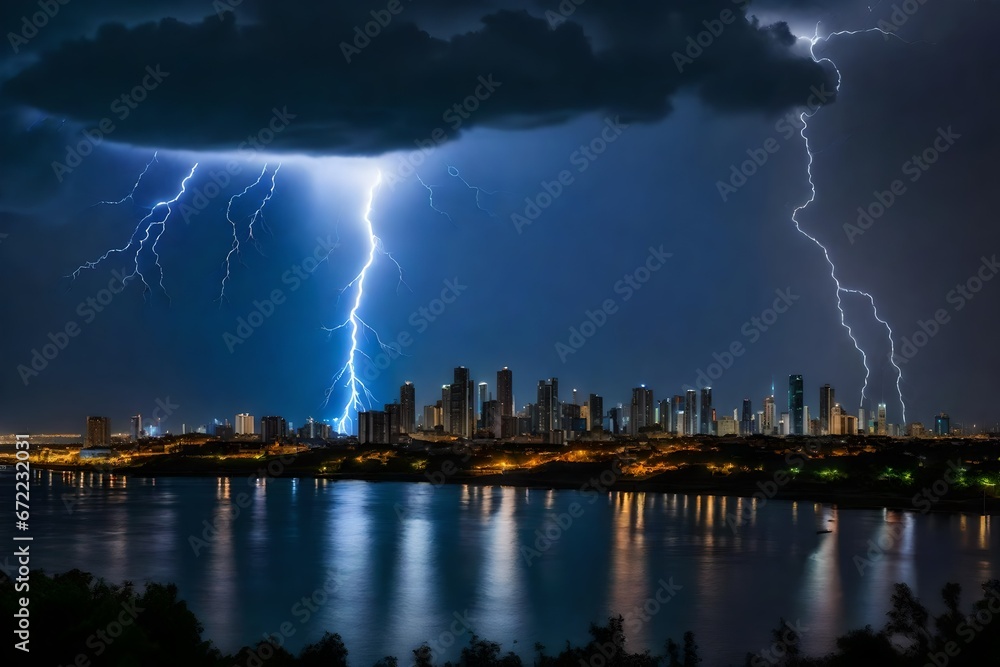 A striking lightning storm above a skyline of a city.