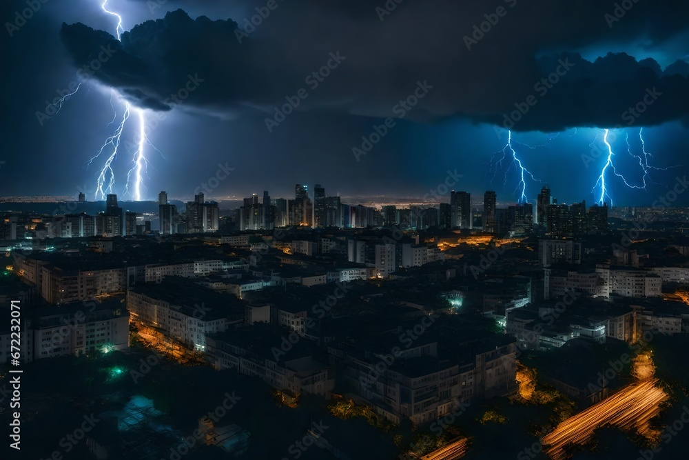 Overlooking a city skyline, a striking lightning storm.