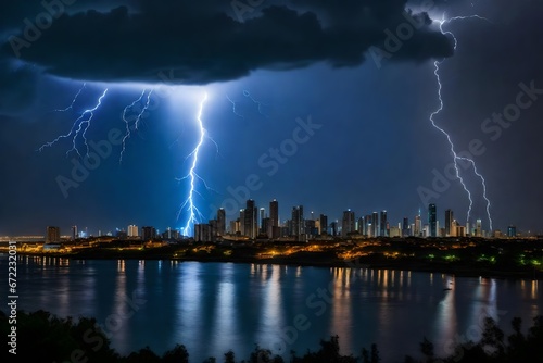 A striking lightning storm above a skyline of a city.