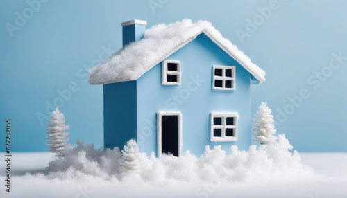 Home Isolation Concept in Winter on White and Blue Background with Copy Space