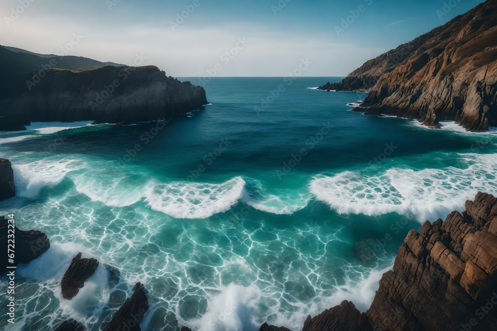 A calm ocean scene with waves tumbling against rugged cliffs.