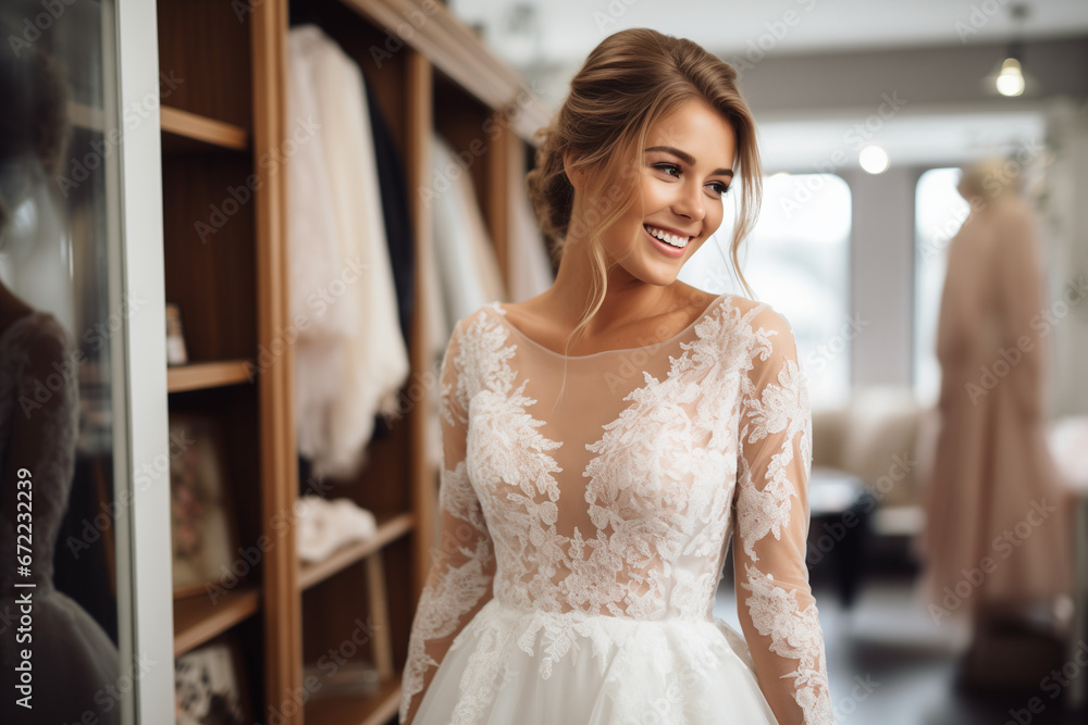 Naklejka premium Bridal wedding dress elegant lace fashion luxury portrait photo AI