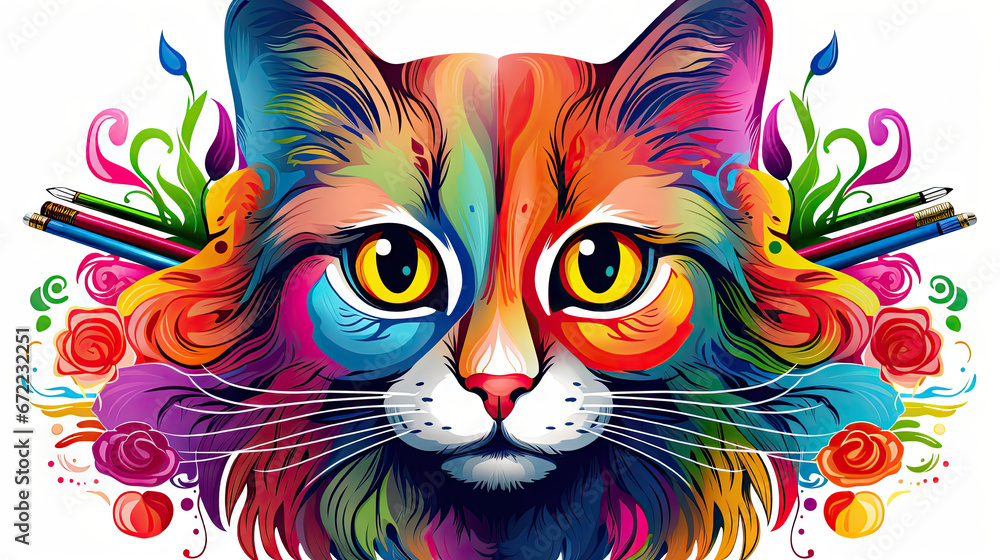  a colorful cat's face with flowers and pencils.  generative ai