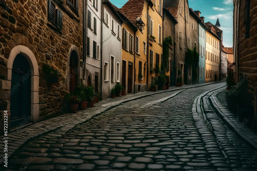 Fototapeta premium A quaint alleyway with cobblestones in a medieval European city.