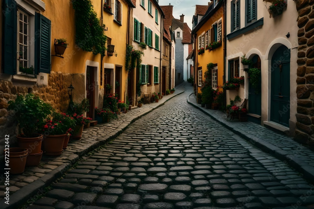 A picturesque street with cobblestones in a European village, adorned with lovely homes. A picturesque street with cobblestones in a European village, adorned with lovely homes.