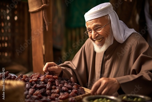 elderly muslim man sharing dried dates