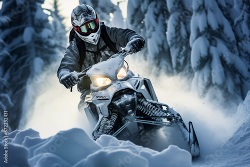 People on a snowmobile in a snowy forest. Winter activities and sports