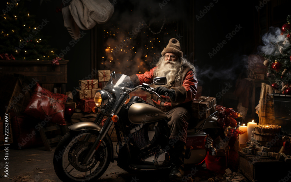 Święty Mikołaj jedzie na motorze z prezentami.