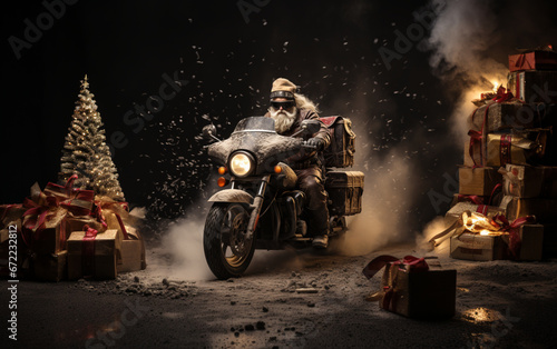 Święty Mikołaj jedzie na motorze z prezentami.