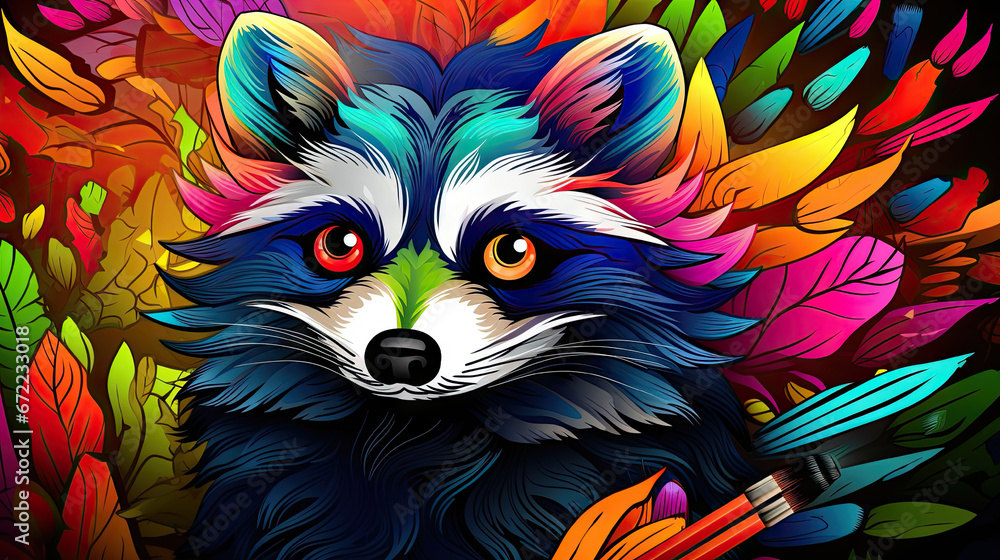  a colorful raccoon surrounded by leaves and feathers on a black background.  generative ai