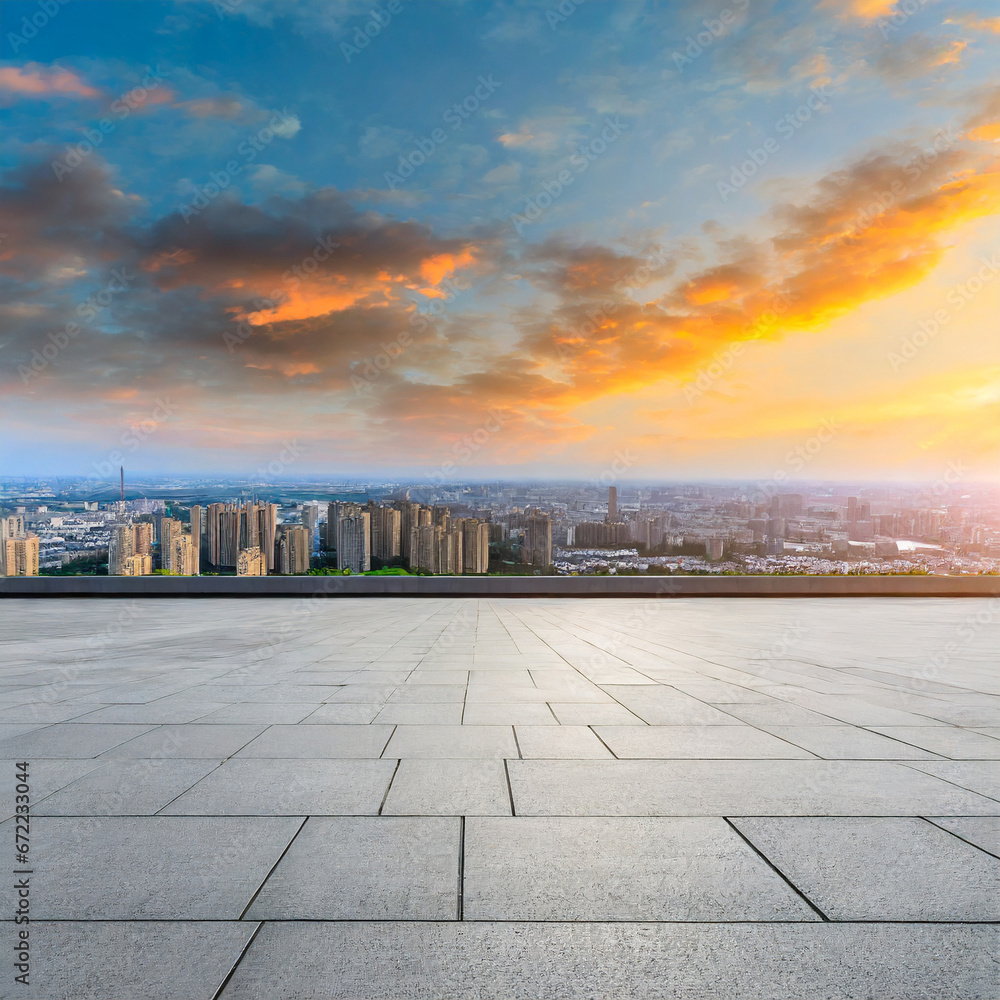 Empty square floors and city skyline at sunset. Panoramic view