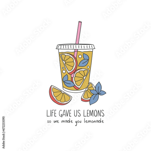 Retro style fresh summer lemonade in a glass with straw vector illustration isolated on white. Life gave us lemons so we made you lemonade phrase. Groovy food print.