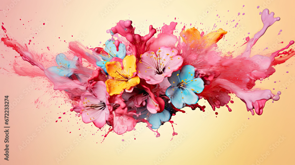  a bunch of flowers that are in the air with paint.  generative ai