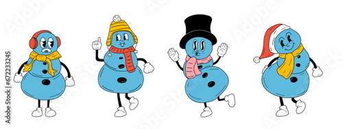 Set of Cute Cartoon Christmas snowmen characters. Happy and cheerful emotions. Old animation 60s 70s, funny cartoon characters. Trendy illustration in retro style.