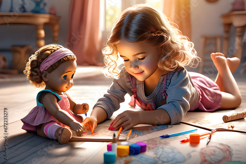 child playing with doll. / 인형과 놀고있는 여자아이 / Generative AI photo