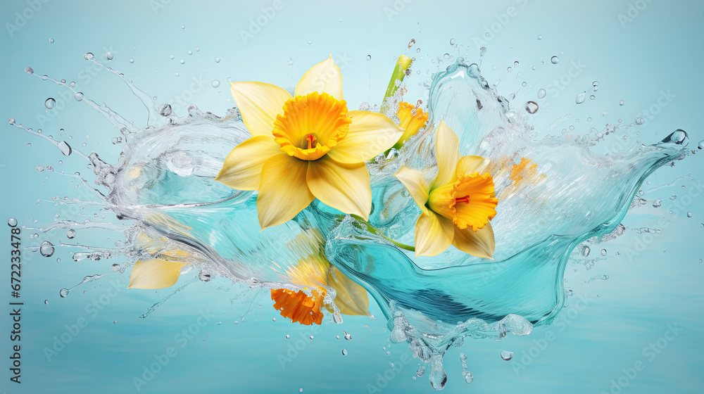 a bunch of yellow flowers floating in water with splashes. generative ai a bunch of yellow flowers floating in water with splashes. generative ai