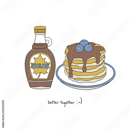 Sweet traditional breakfast pancakes with chocolate syrup and blackberries vector illustration isolated on white. Better together phrase. Groovy food print.