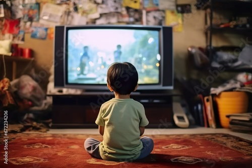 An Asian kid sits with his back and watches TV