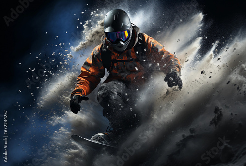 A snowboarder makes turns on a snowboard on snow-covered slopes of high mountains