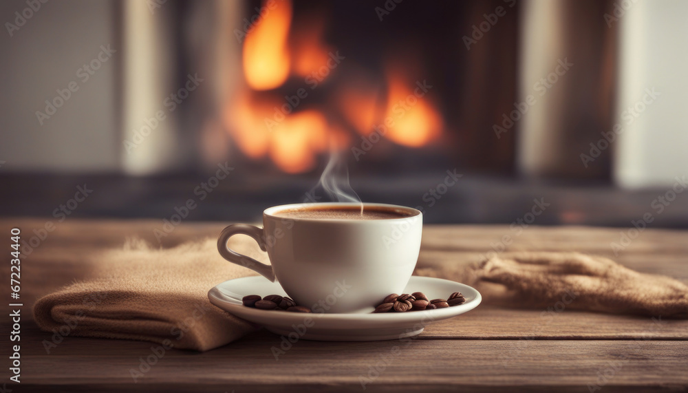 Warm Ambiance Coffee Cup on Wooden Table with Fireplace in the Background Warm Ambiance Coffee Cup on Wooden Table with Fireplace in the Background