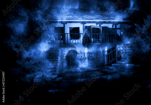 A dark abandoned hotel. Digital illustration art.