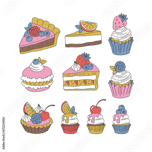 Retro style sweet dessert cake pie cupcake with berries and fruits vector illustration set isolated on white. Groovy food print collection.