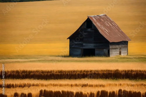 A huge golden wheat field with an ancient, aged barn by itself.