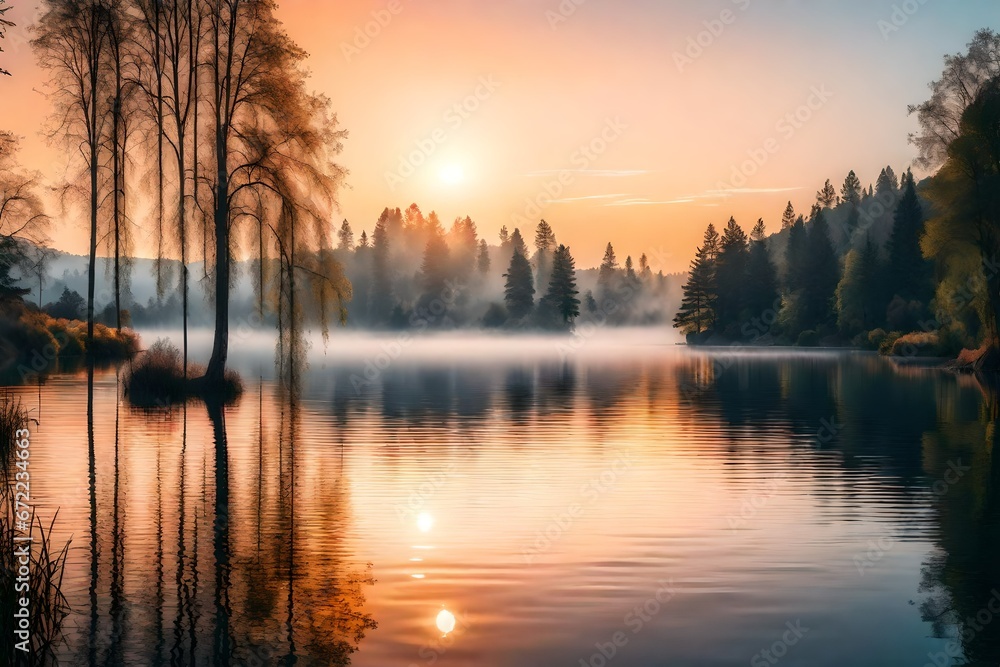 A serene lake with a beautiful sunset and tree reflections in the water.