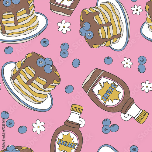 Cute sweet traditional breakfast pancakes with chocolate syrup and blackberries vector seamless pattern. Groovy food background.