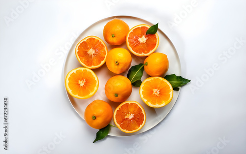 fresh oranges on a plate with white background