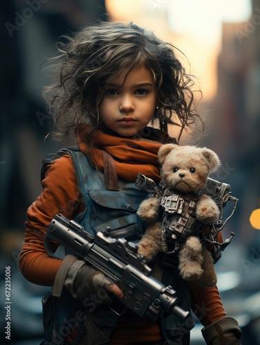 A little girl in an empty city destroyed by war, refugees without a home and parents, stop the war and aggression. In hands with a plush toy and a weapon for self-defense photo