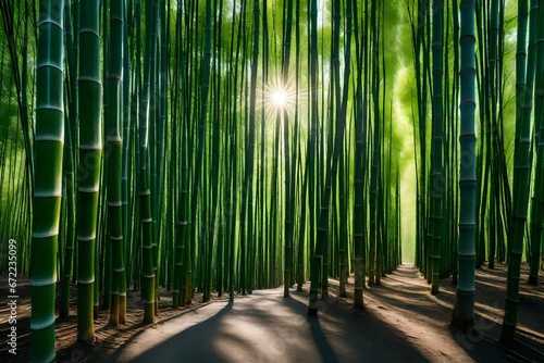 A peaceful forest of bamboo with sunshine peeking through the foliage.
