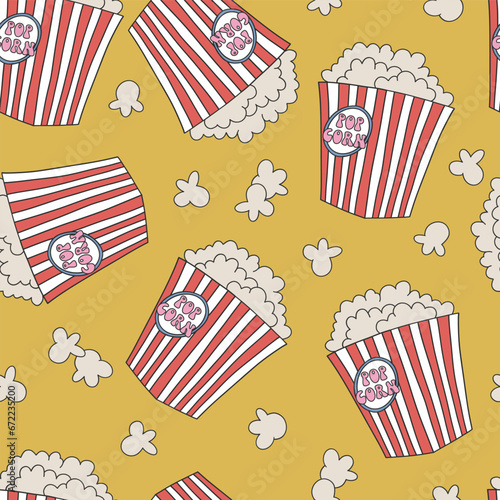 Traditional cinema snack popcorn in striped red white bucket vector seamless pattern. Groovy food background.