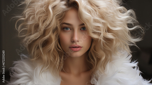 beautiful young blonde woman in a fur coat