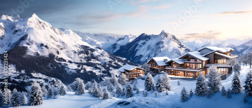 Winter Mountain resort background. Scenery hotels of Alps on snowy winter landscape. Vacation, travelling concept. Copy space. Alpine panoramic view. Generative ai photo