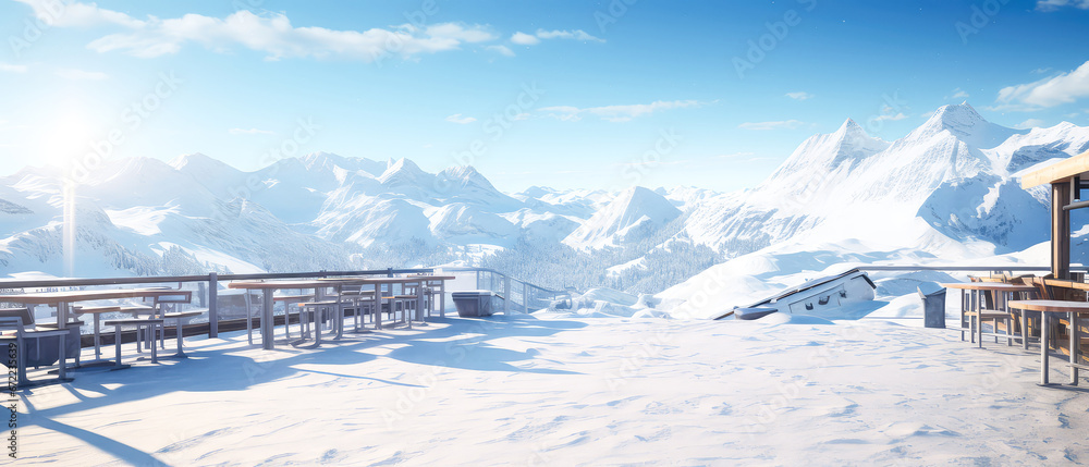 Winter Mountain resort background. Scenery hotels of Alps on snowy winter landscape. Vacation, travelling concept. Copy space. Alpine panoramic view. Generative ai - obrazy, fototapety, plakaty 