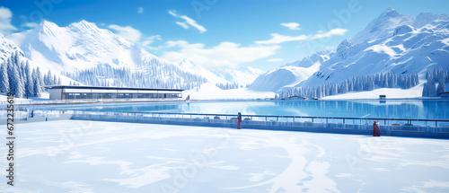 Winter Mountain resort background. Scenery hotels of Alps on snowy winter landscape. Vacation  travelling concept. Copy space. Alpine panoramic view. Generative ai
