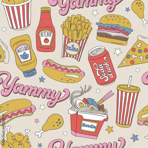 American Asian fast food restaurant yammy hot dog pizza french fries noodle vector seamless pattern. Groovy food background.