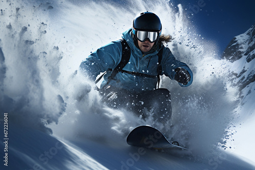 A snowboarder makes turns on a snowboard on snow-covered slopes of high mountains. Room for text